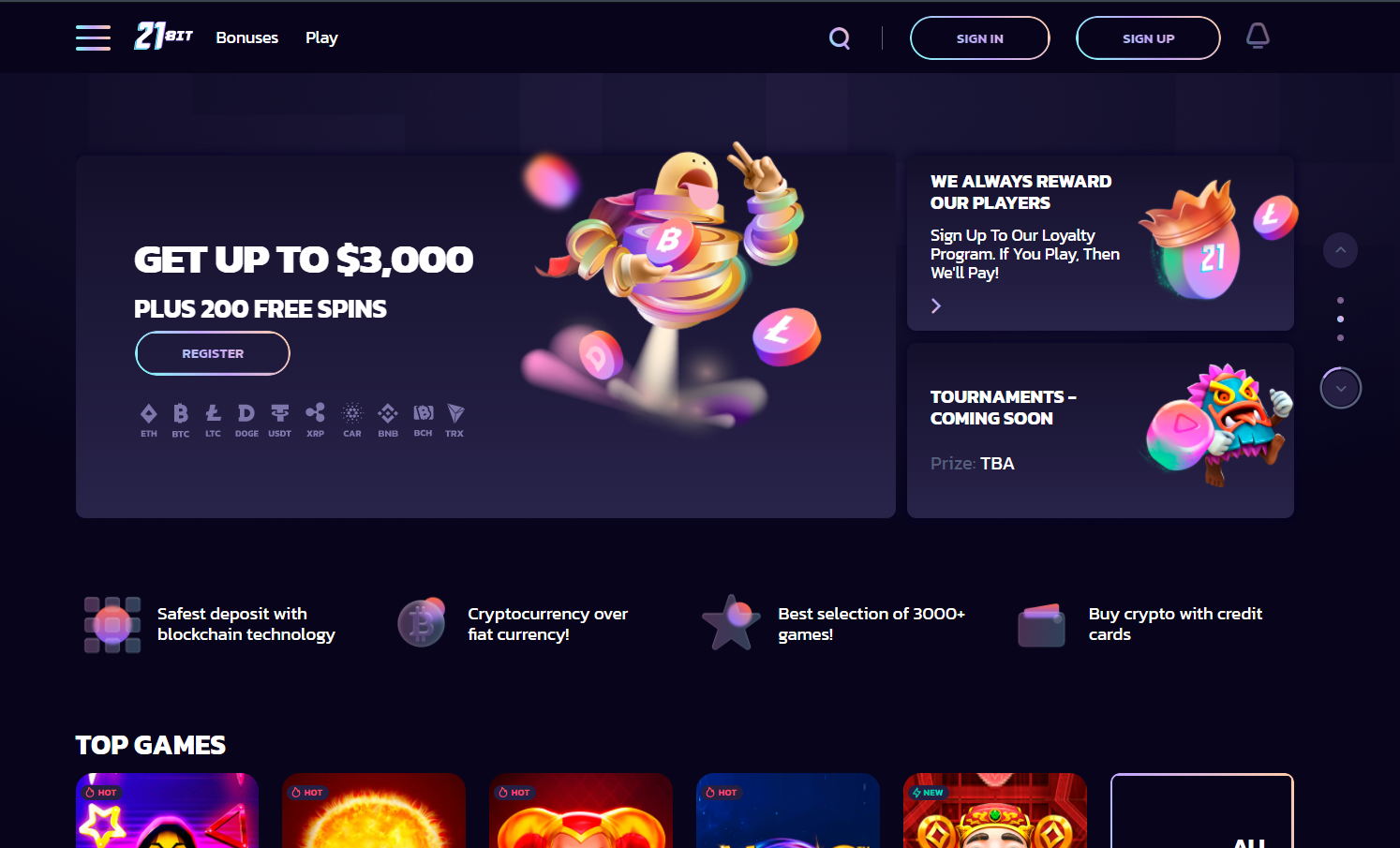 21Bit Casino game lobby — slot games selection